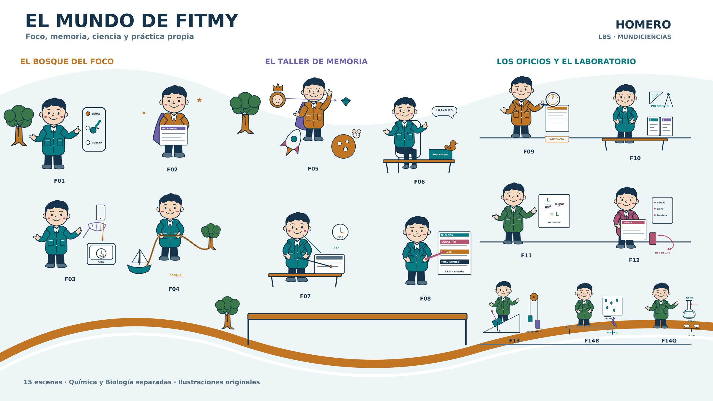 Mural del mundo de Fitmy con escenas de foco, memoria y ciencias